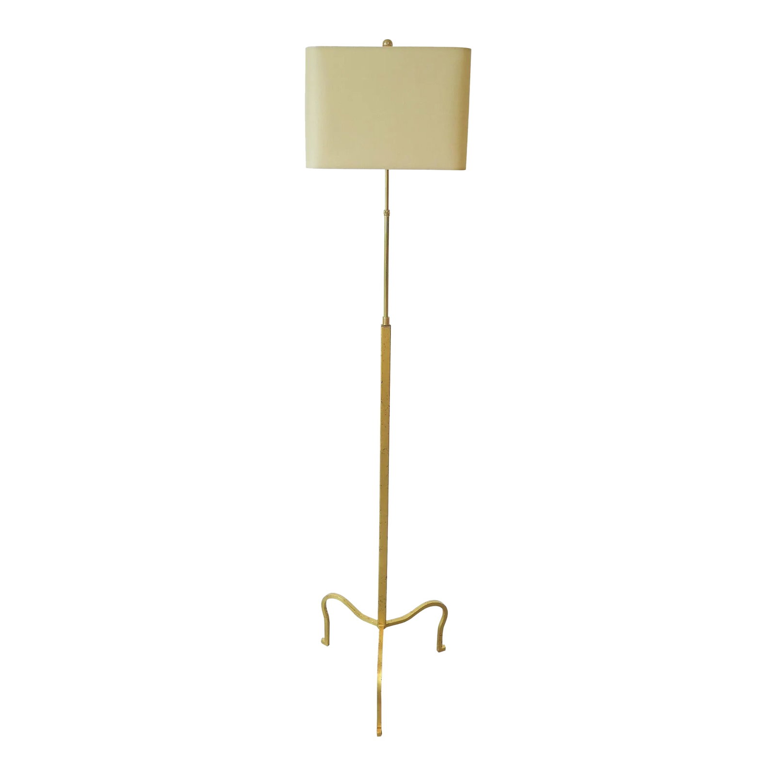 1970s Gilded Floor Lamp Attributed to Albert Hadley: Tripod adjustable 24-karat gold leaf gilded floor lamp attributed to Albert Hadley and Pairish Hadley Design. Pair available. Several uncompleted Lamps where recovered from the closing of the metal