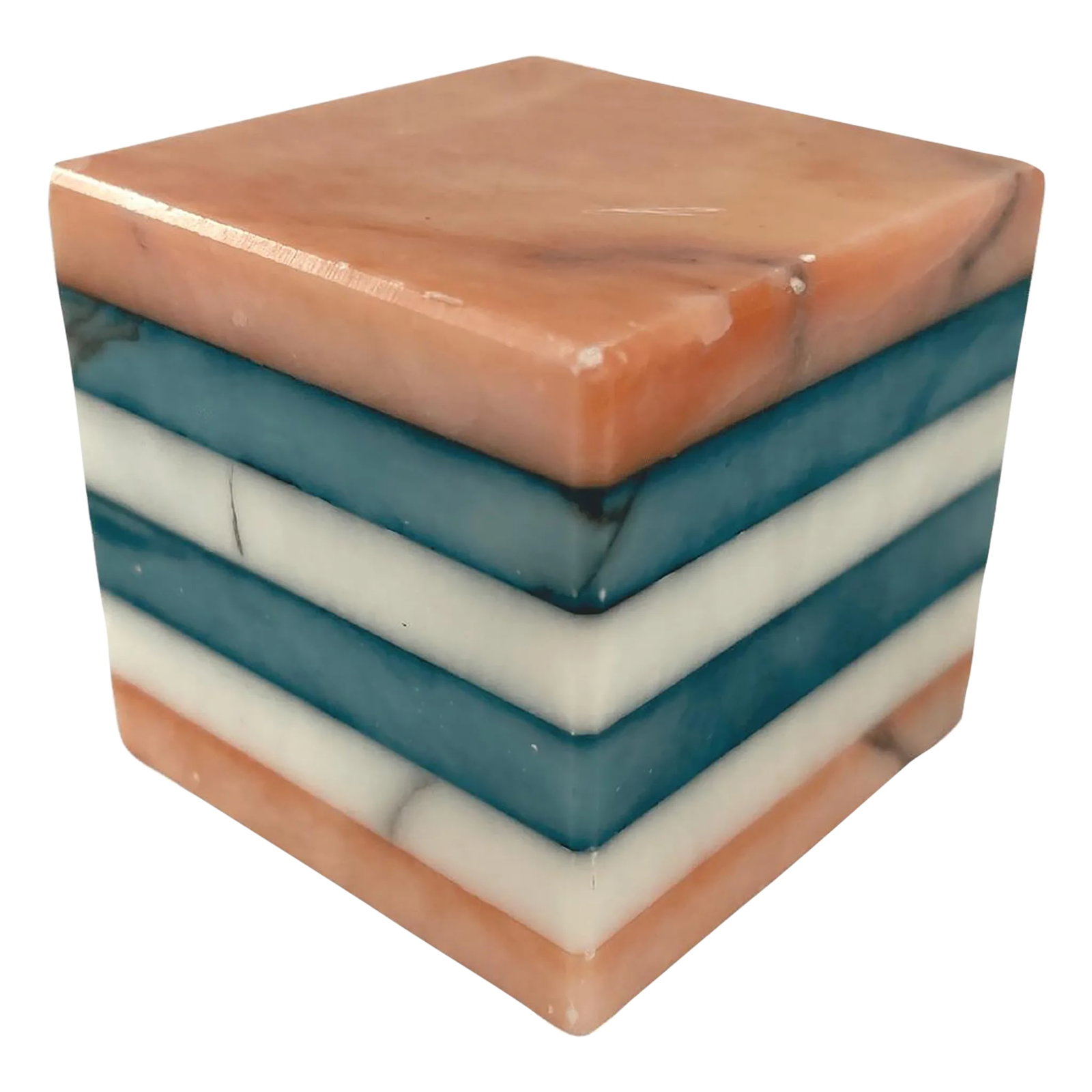 Mid-Century Italian Alabaster Paperweight: Mid-century Italian alabaster paperweight with multi-colored striped detail. Original label reads "Made in Italy". Minimal age wear. Condition: Alterations: Original Condition Unaltered