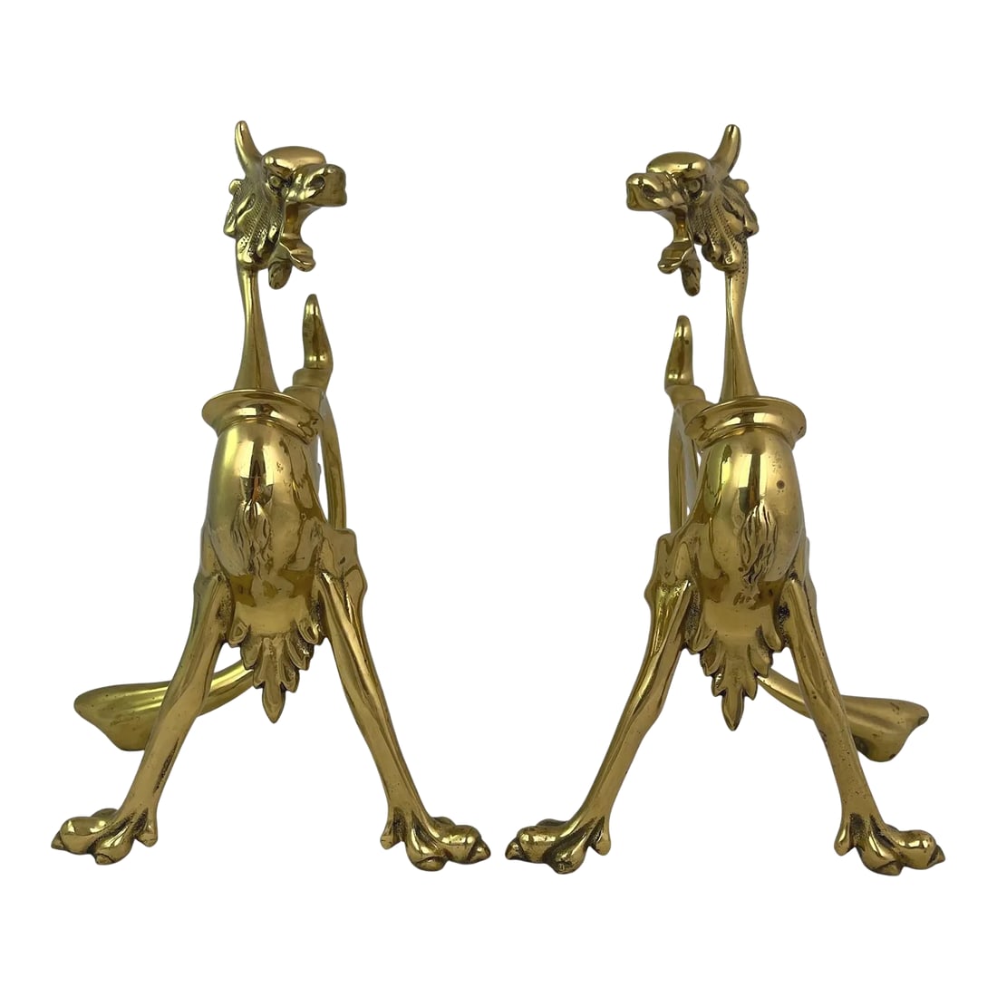 Mid-Century Brass Dragon Andirons - a Pair: Mid-century solid brass dragon andirons. No maker's mark. Minimal age wear. Condition: Alterations: Original Condition Unaltered Imperfections: Some Imperfections Condition Notes: Minimal age wear