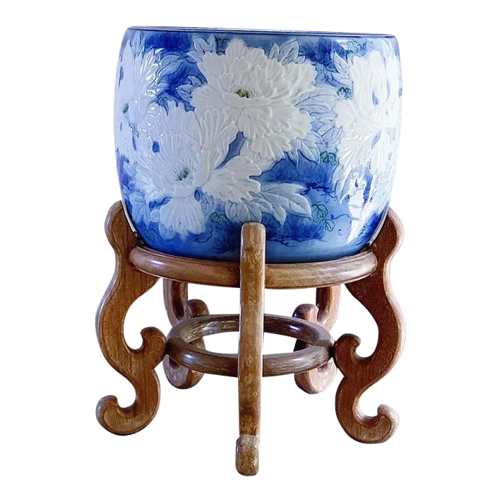 Antique Chinese Planter With Raised Peonies in Blue & White on Wood Stand: Antique Chinese Planter With Raised Peonies in Blue and White and Wood Stand Condition: Alterations: Original Condition Unaltered Imperfections: Some Imperfections Condition Notes: Consistent with age