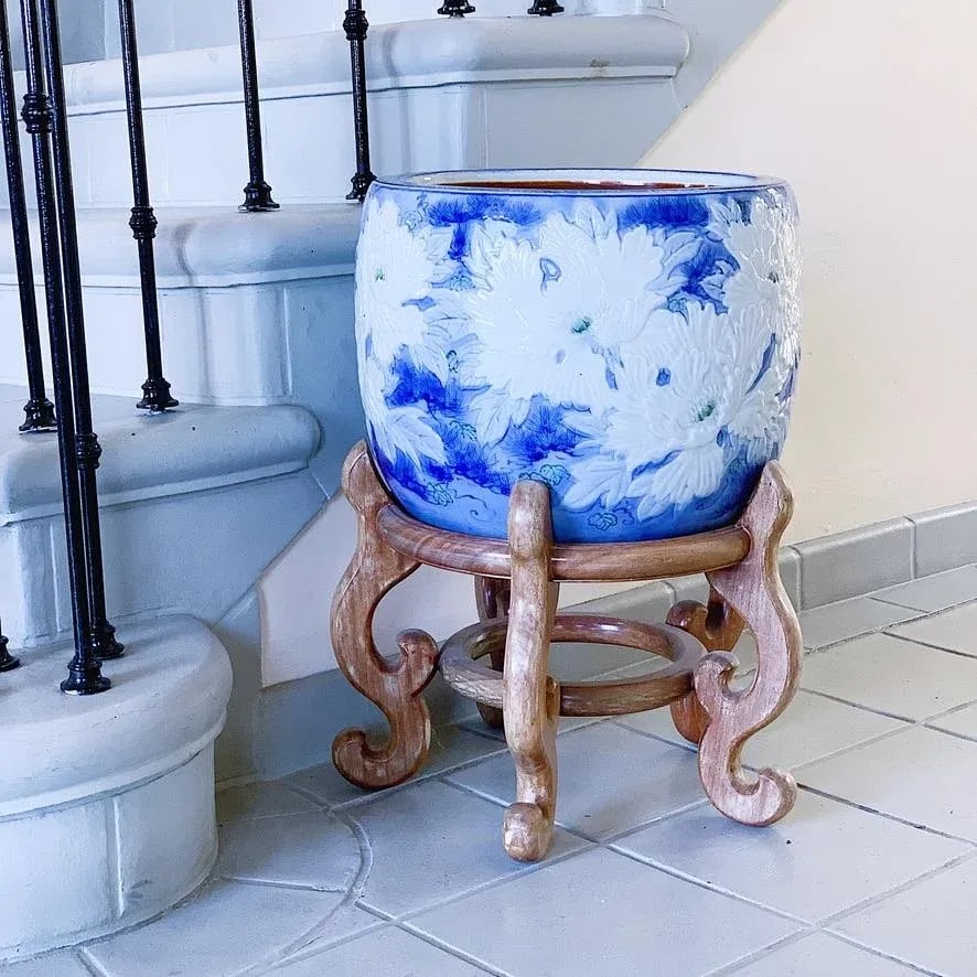 Antique Chinese Planter With Raised Peonies in Blue & White on Wood Stand - 2
