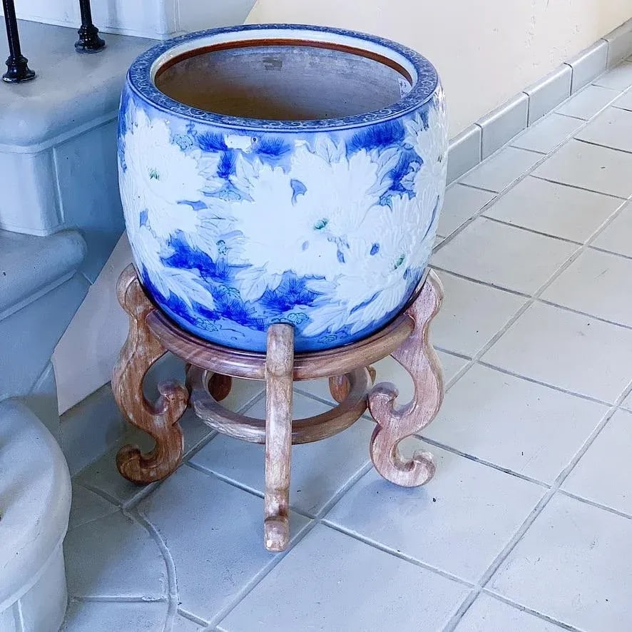 Antique Chinese Planter With Raised Peonies in Blue & White on Wood Stand - 3