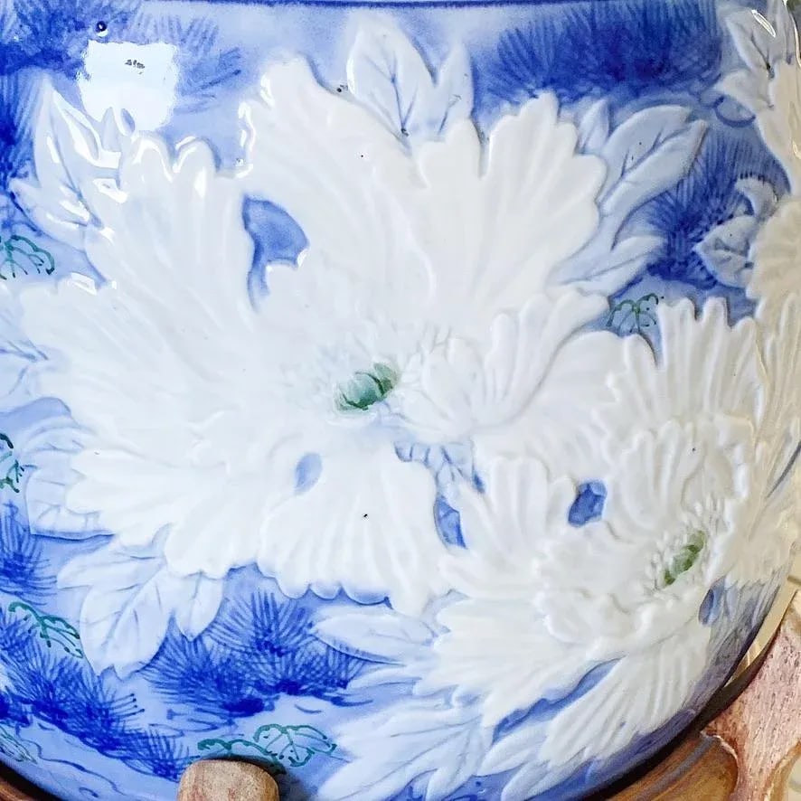 Antique Chinese Planter With Raised Peonies in Blue & White on Wood Stand - 4