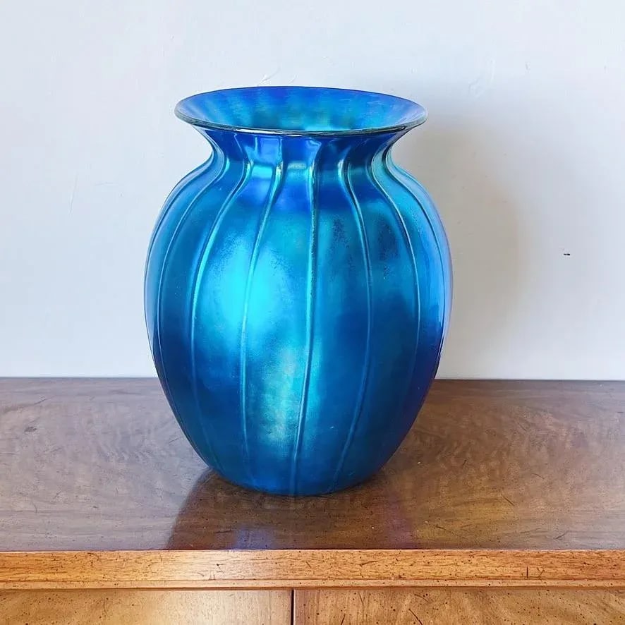 Vintage Large Iridescent Vase in Blue Glass (Signed Lundberg Studios 2000) - 2