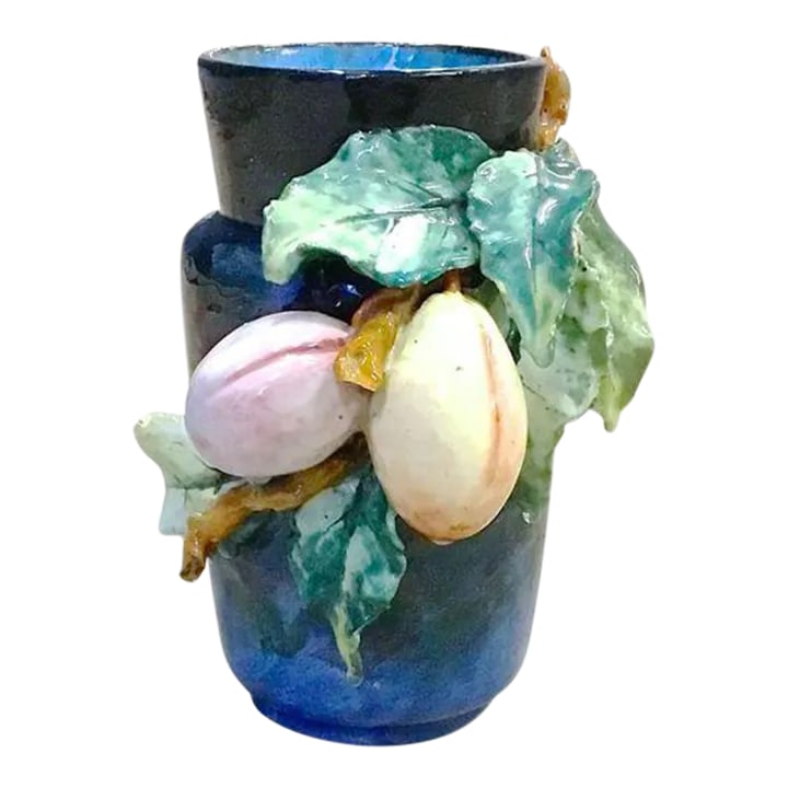 Antique French Edourd Gilles Majolica Vase: Antique French Edourd Gilles Barbotine majolica vase with applied apricots and foliage in relief. Marked "3729, EG, 59" on the underside. Condition: Alterations: Original Condition Unaltered Imperfect
