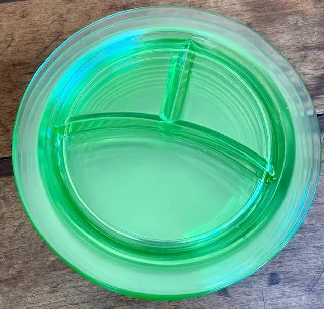 Vintage Green Depression Glass Divided Dinner Plates- Set of 11 - 11