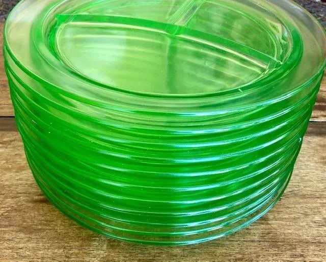 Vintage Green Depression Glass Divided Dinner Plates- Set of 11 - 12