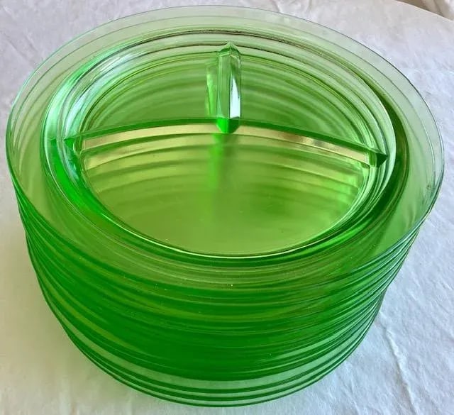 Vintage Green Depression Glass Divided Dinner Plates- Set of 11 - 13
