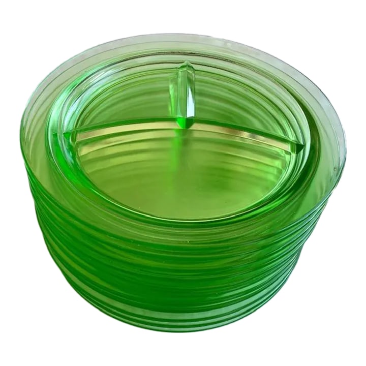 Vintage Green Depression Glass Divided Dinner Plates- Set of 11: Vintage 1930's Depression Era green glass divided dinner plates. A set of 11 pieces. These were used throughout the 1970's and 1980's at a lodge in the Catskills were I used to spend every weekend. A
