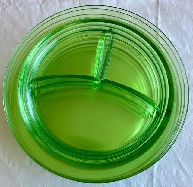 Vintage Green Depression Glass Divided Dinner Plates- Set of 11 - 2