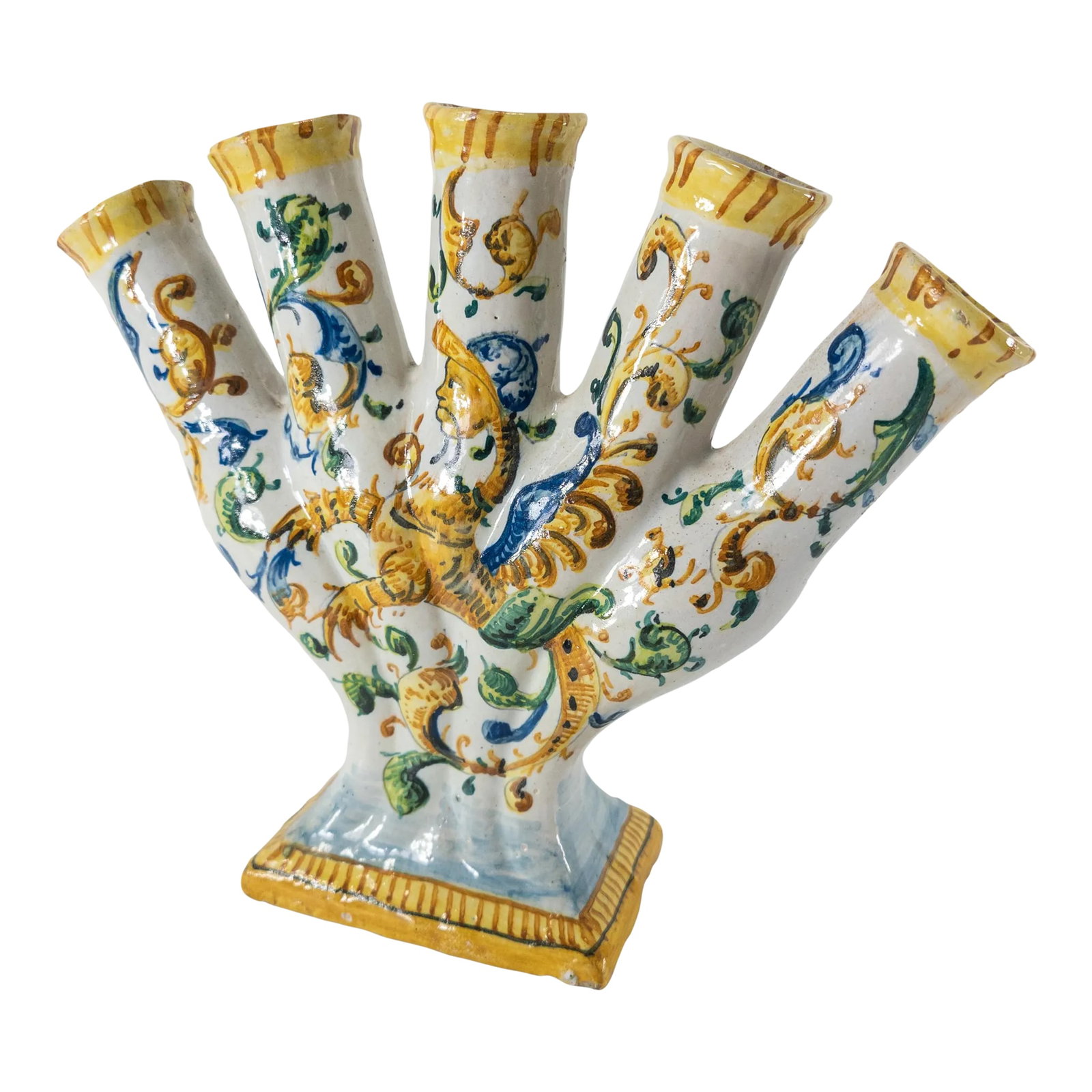 19th/20th Century European Majolica Maiolica Faience Tulipiere Flower Vase: We are selling this majolica flower vase. This five holed tulipiere is decorated in Italian Renaissance Maiolica style. We believe the tulipiere to be 19th century and may be Italian or Spanish,