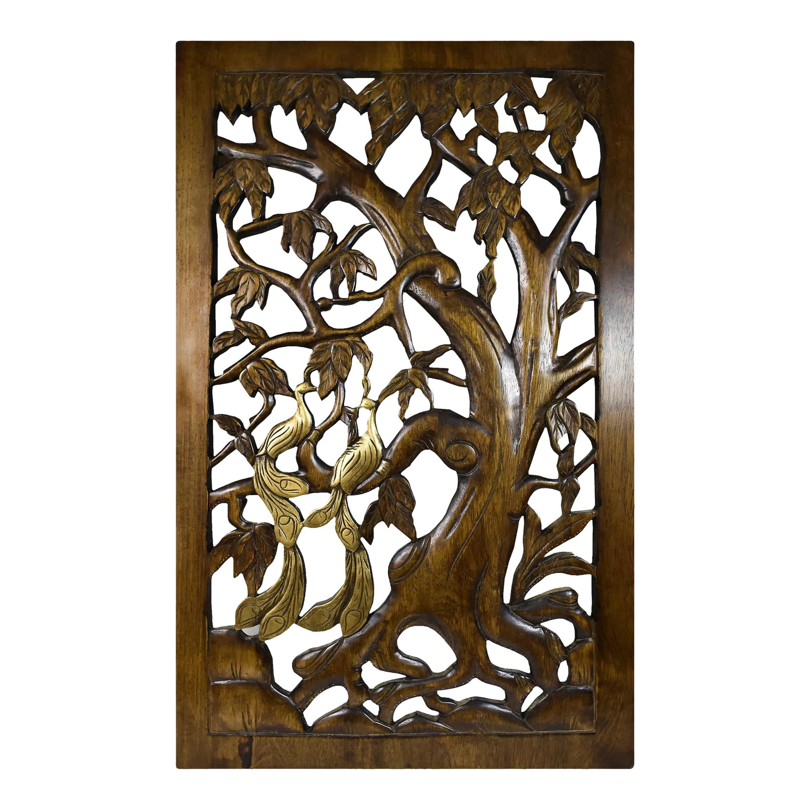 Mid 20th Century Hand Carved Large Solid Wood Pair of Peacock Birds on Tree Wall Hanging Panel Decor: Large hand carved solid wood wall hanging panel with floral and pair of peacock bird design. It is a stunning piece for large wall decoration and it will add beauty to any home or office decor. It is