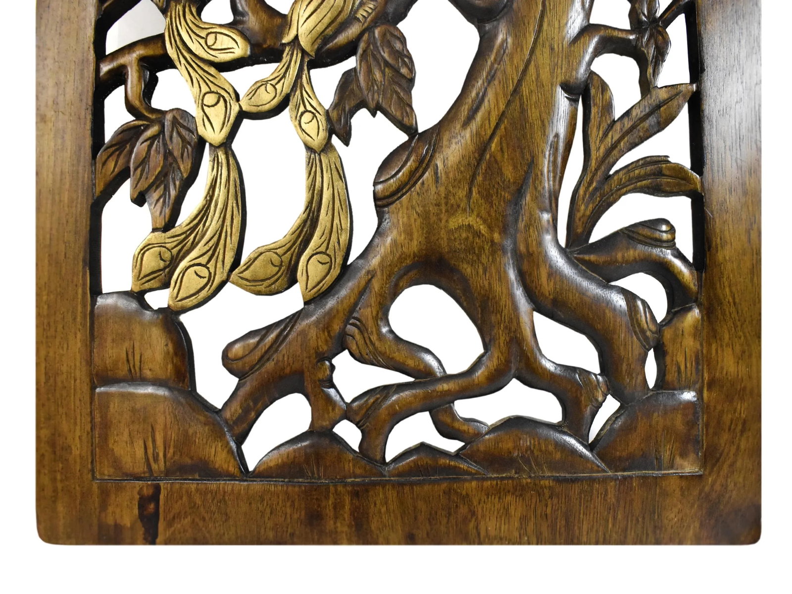 Mid 20th Century Hand Carved Large Solid Wood Pair of Peacock Birds on Tree Wall Hanging Panel Decor - 3