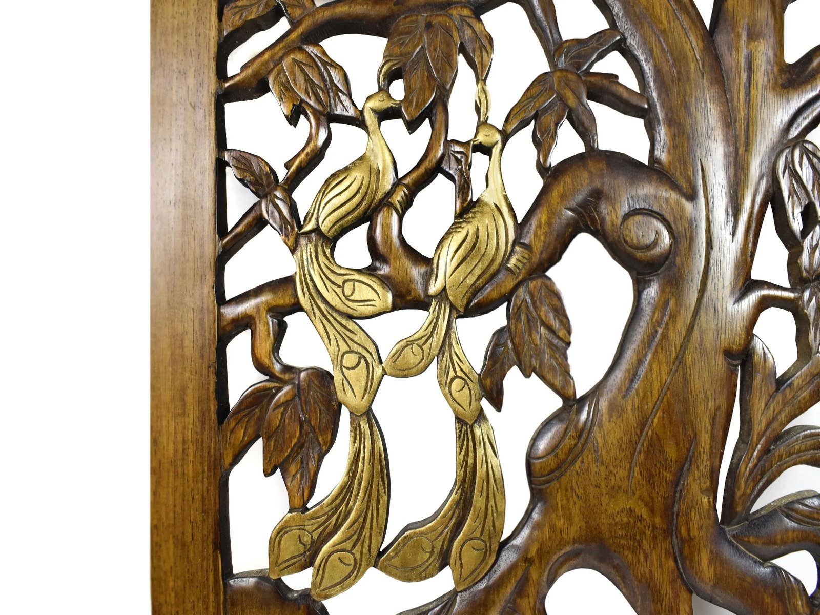 Mid 20th Century Hand Carved Large Solid Wood Pair of Peacock Birds on Tree Wall Hanging Panel Decor - 4