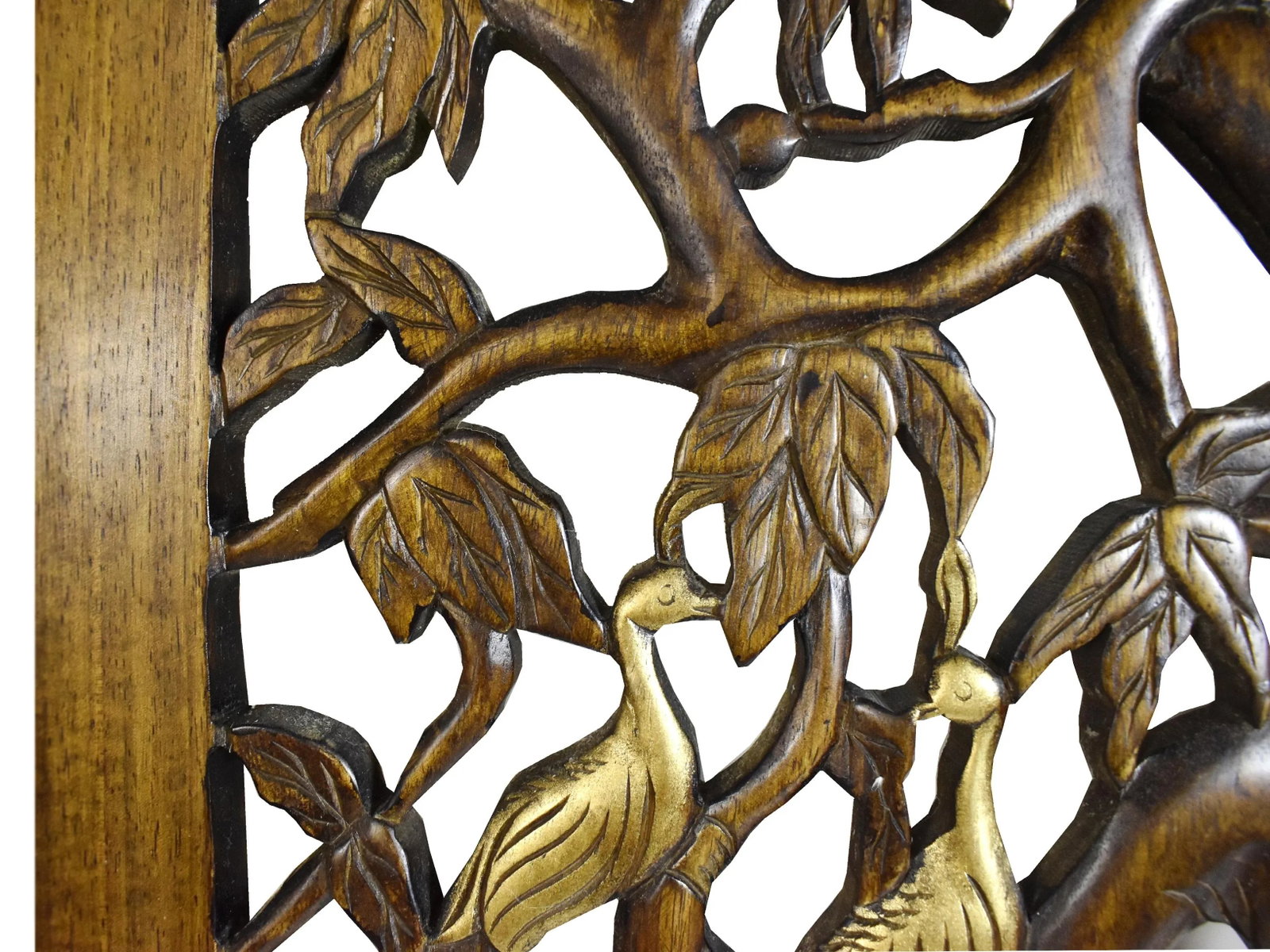 Mid 20th Century Hand Carved Large Solid Wood Pair of Peacock Birds on Tree Wall Hanging Panel Decor - 5