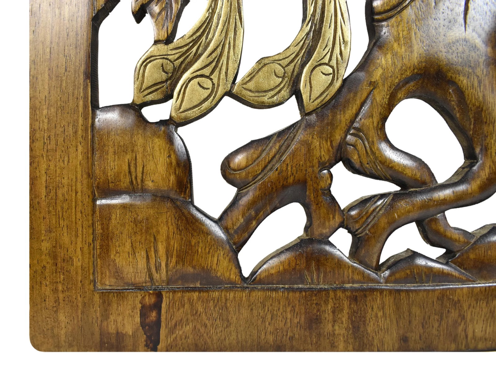 Mid 20th Century Hand Carved Large Solid Wood Pair of Peacock Birds on Tree Wall Hanging Panel Decor - 8