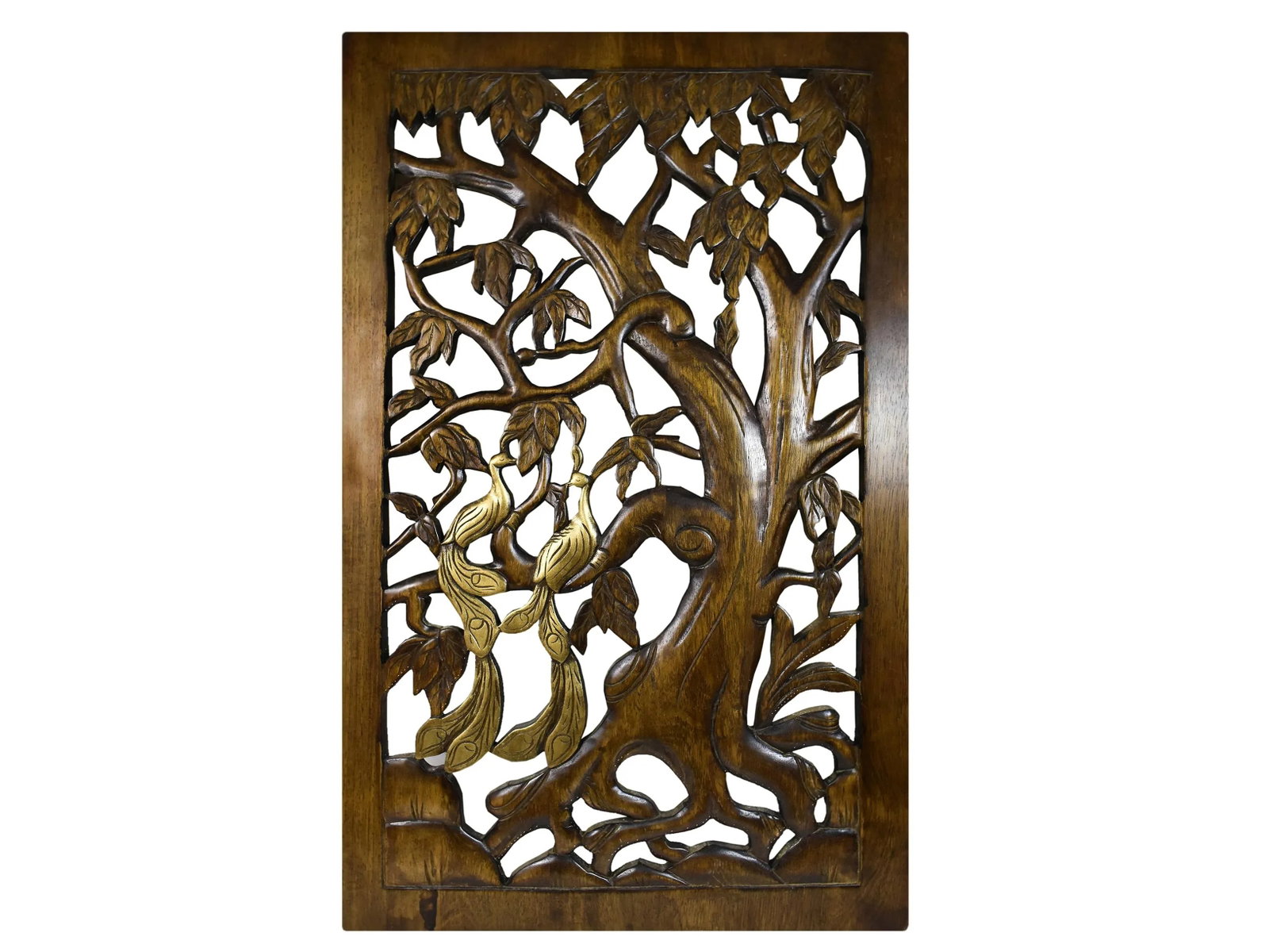 Mid 20th Century Hand Carved Large Solid Wood Pair of Peacock Birds on Tree Wall Hanging Panel Decor - 9