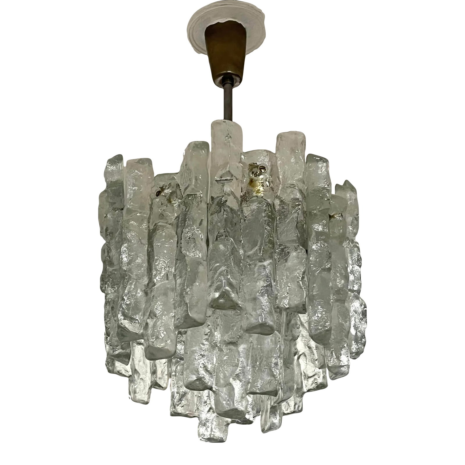 Vintage 1960s Kalmar Glass Chandelier: Vintage Kalmar chandelier with twelves glass plaques with ice motif--- nine sockets total. Each plaque measures 9/34 inches in height. Condition: Alterations: Original Condition Unaltered