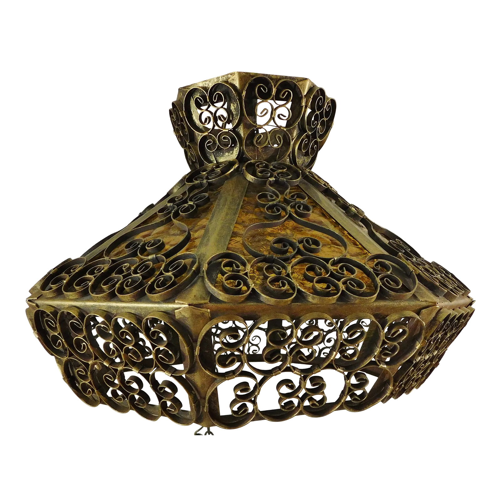 Vintage Mid 20th Century Gold Wrought Iron Scroll Amber Stained Glass Octagon 4 Light Chandelier: Fabulous vintage mid century chandelier. Very ornate with a gold wrought iron scroll design and amber stained glass panels. The chandelier is octagonal with eight sides a dn four lights. Comes with ch