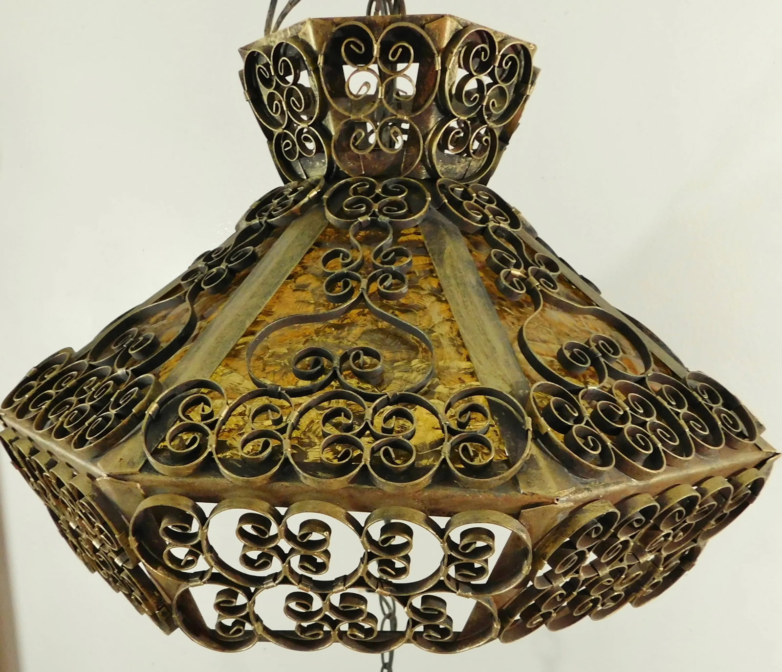Vintage Mid 20th Century Gold Wrought Iron Scroll Amber Stained Glass Octagon 4 Light Chandelier - 3