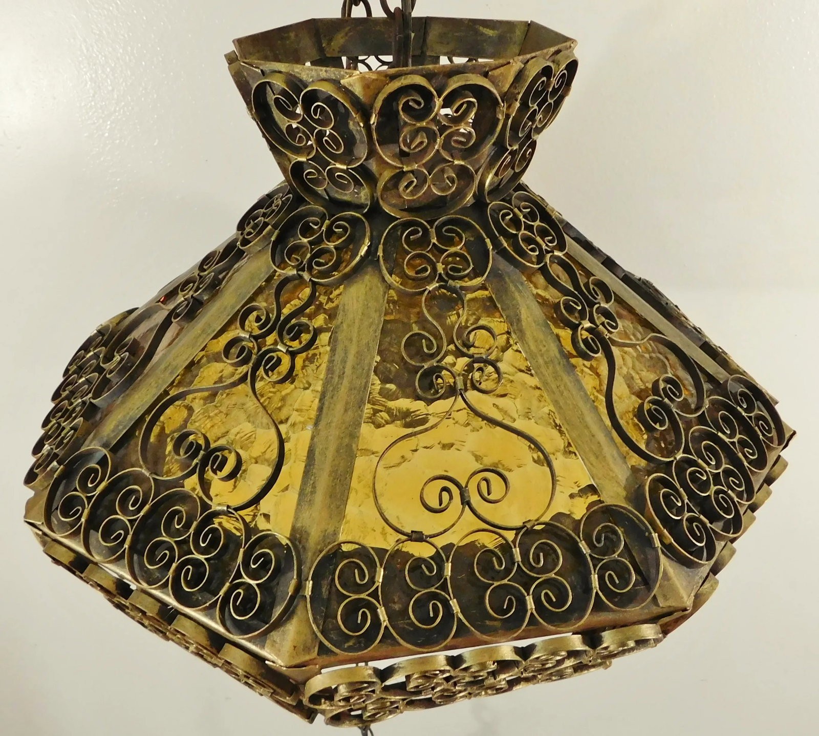 Vintage Mid 20th Century Gold Wrought Iron Scroll Amber Stained Glass Octagon 4 Light Chandelier - 6