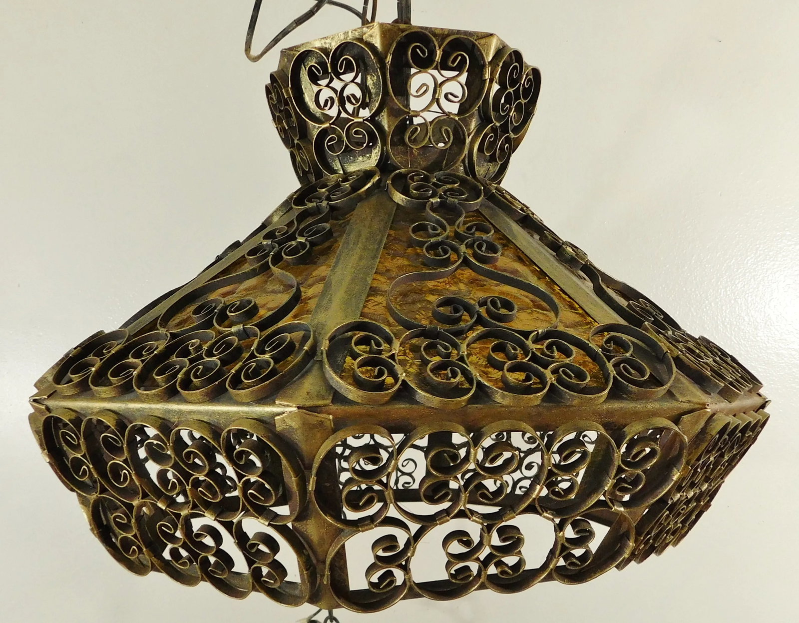 Vintage Mid 20th Century Gold Wrought Iron Scroll Amber Stained Glass Octagon 4 Light Chandelier - 8