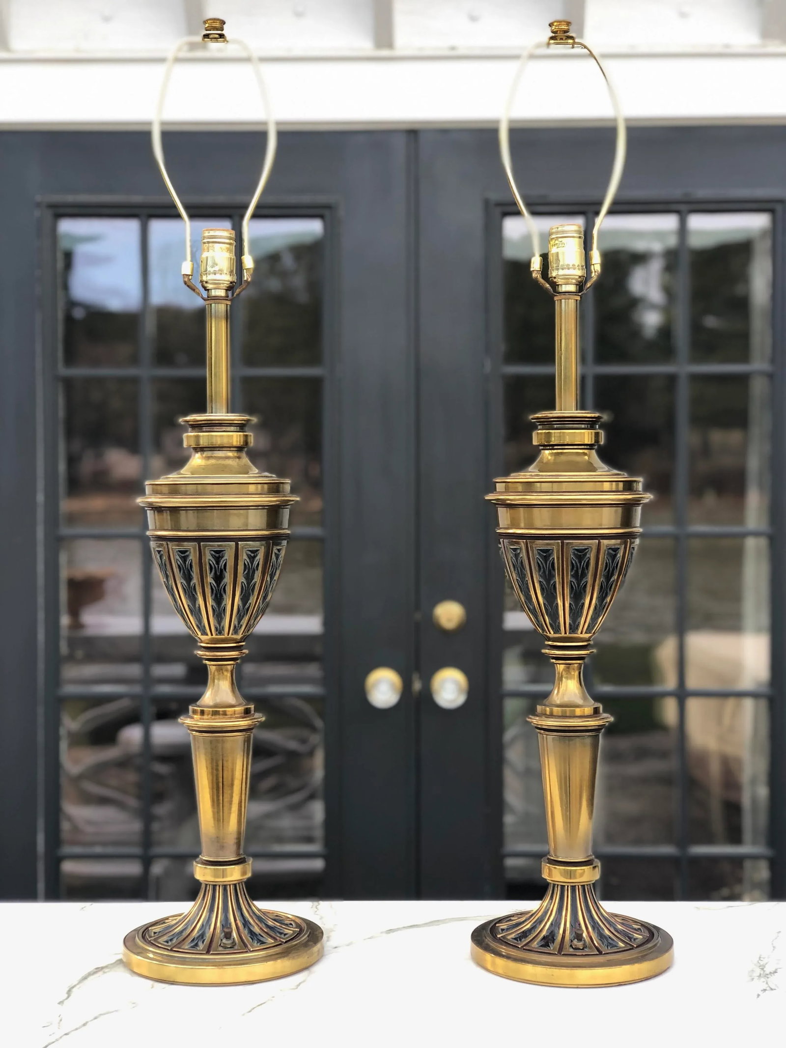 Stiffel Mid-Century Modern Designed by Tommi Parzinger Enamel and Brass Table Lamps - a Pair - 2