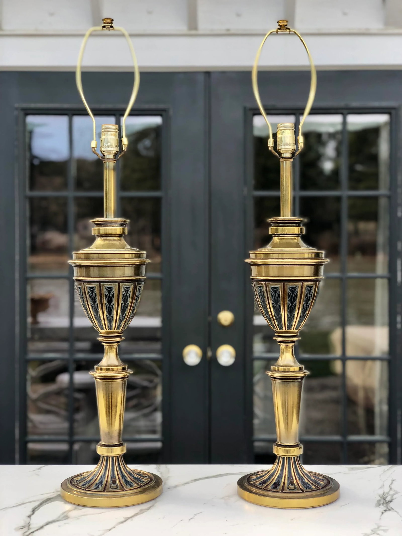 Stiffel Mid-Century Modern Designed by Tommi Parzinger Enamel and Brass Table Lamps - a Pair - 8