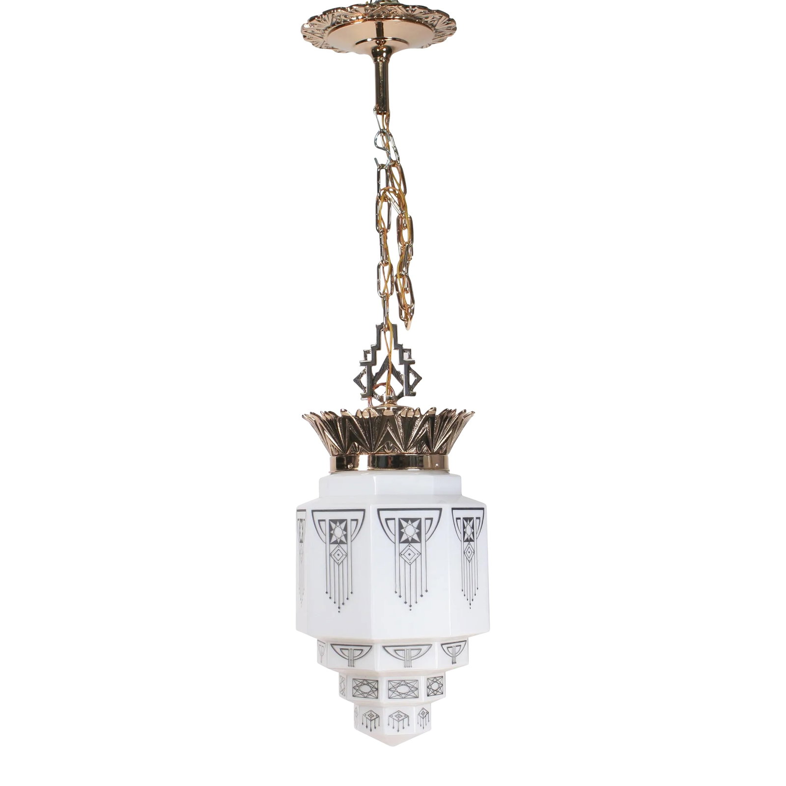 1930s Art Deco Polished Bronze Commercial Pendant With Black and White Shade: Our FAVORITE and BEST art deco pendant! This one by Markel Electric Products has been redone in polished bronze. See before photos of solid rust!! Lots of extra chain to remove (shown retracted