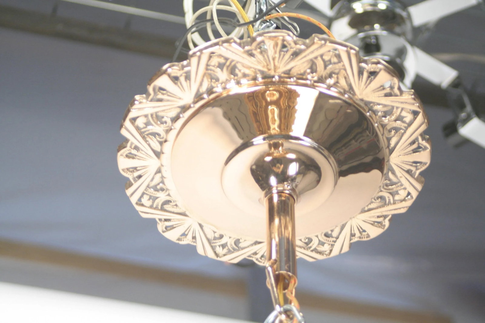 1930s Art Deco Polished Bronze Commercial Pendant With Black and White Shade - 6