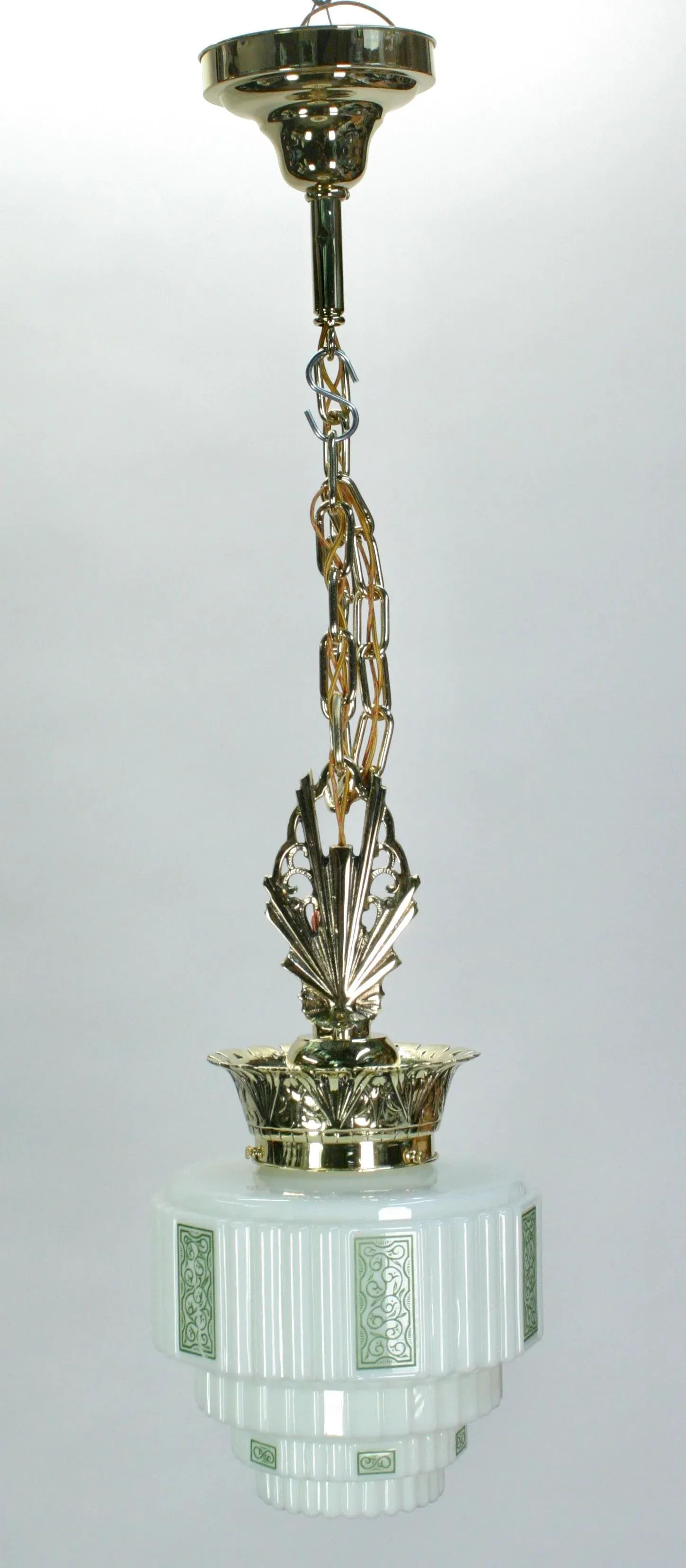 1930s Art Deco Polished Brass Pendant With Green Stencil Shade - 11