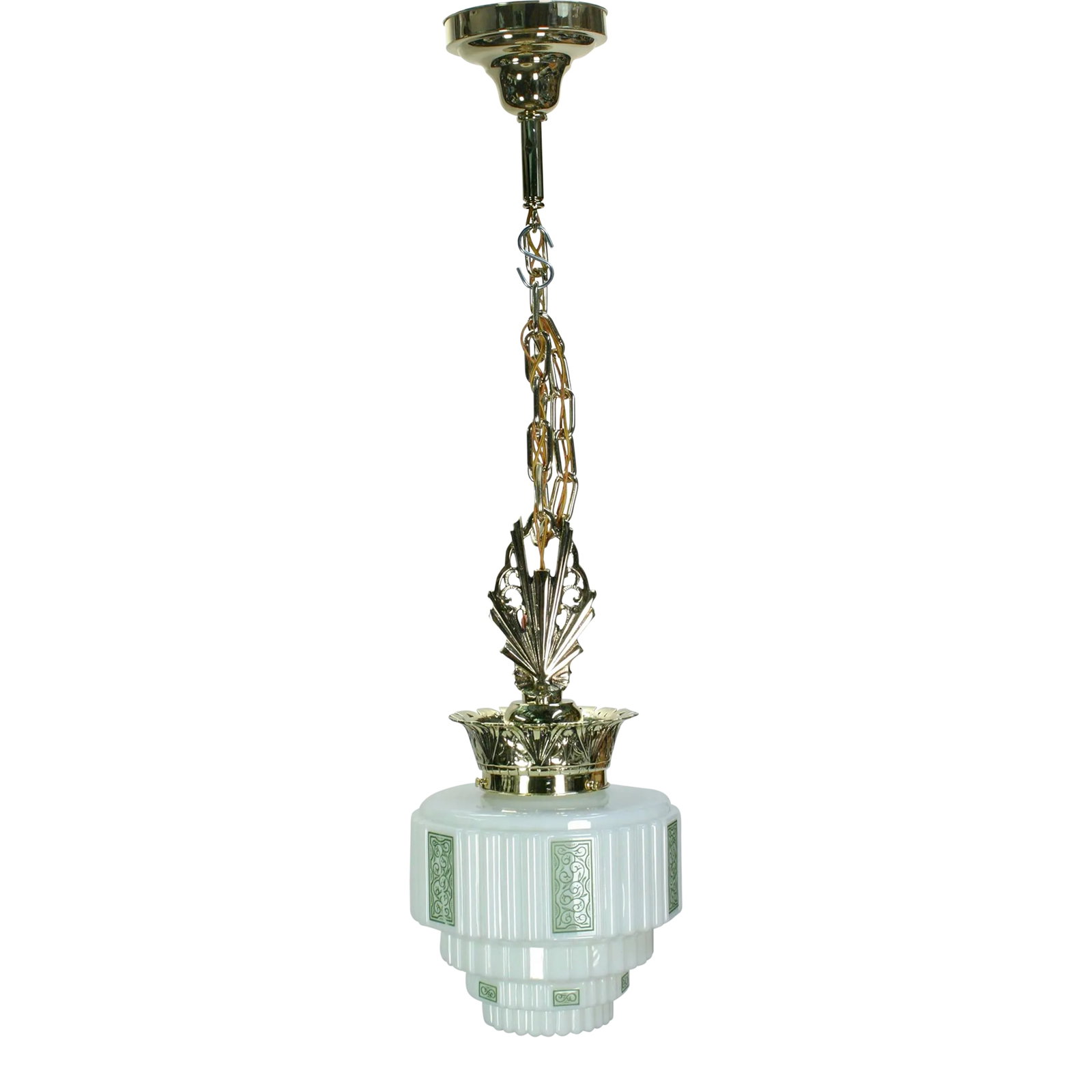 1930s Art Deco Polished Brass Pendant With Green Stencil Shade (1 of 11)