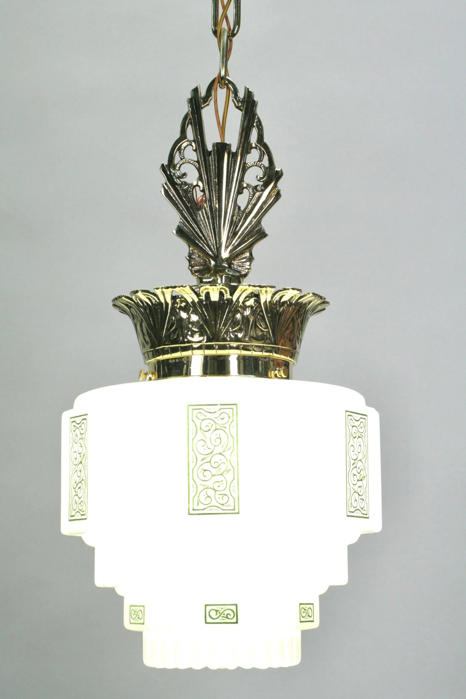 1930s Art Deco Polished Brass Pendant With Green Stencil Shade - 2