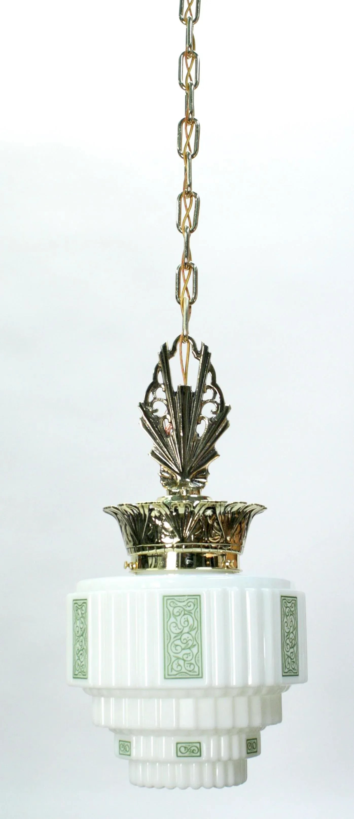 1930s Art Deco Polished Brass Pendant With Green Stencil Shade - 3