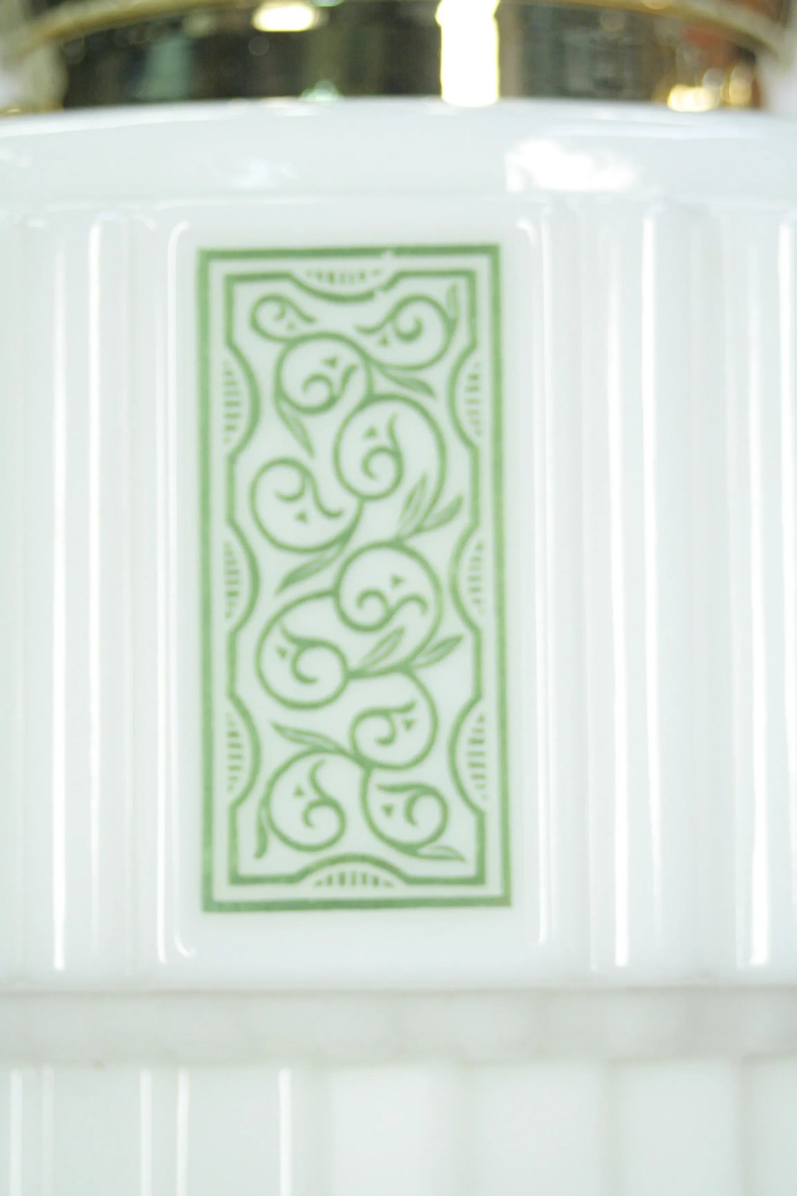 1930s Art Deco Polished Brass Pendant With Green Stencil Shade - 6
