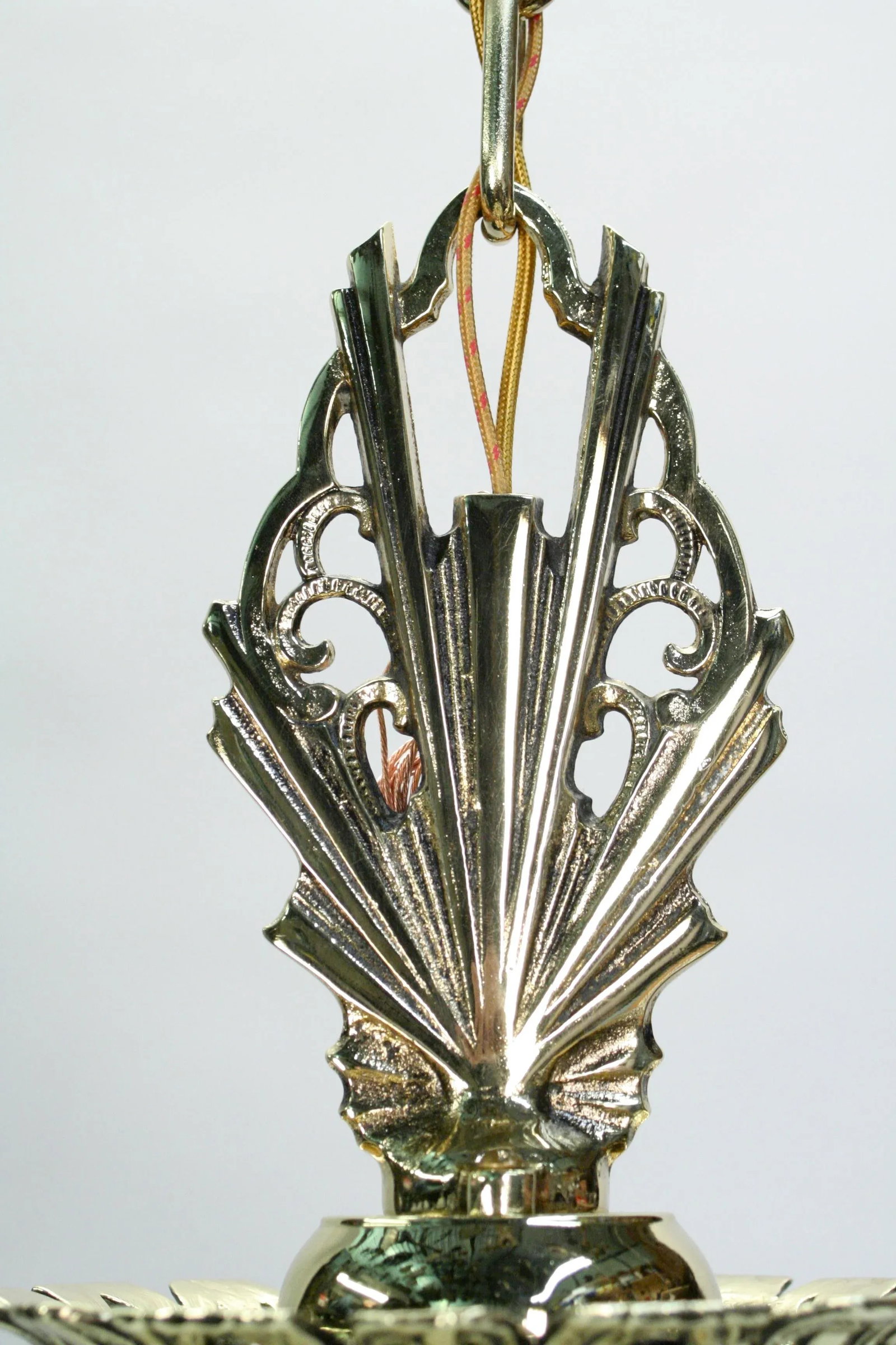 1930s Art Deco Polished Brass Pendant With Green Stencil Shade - 8
