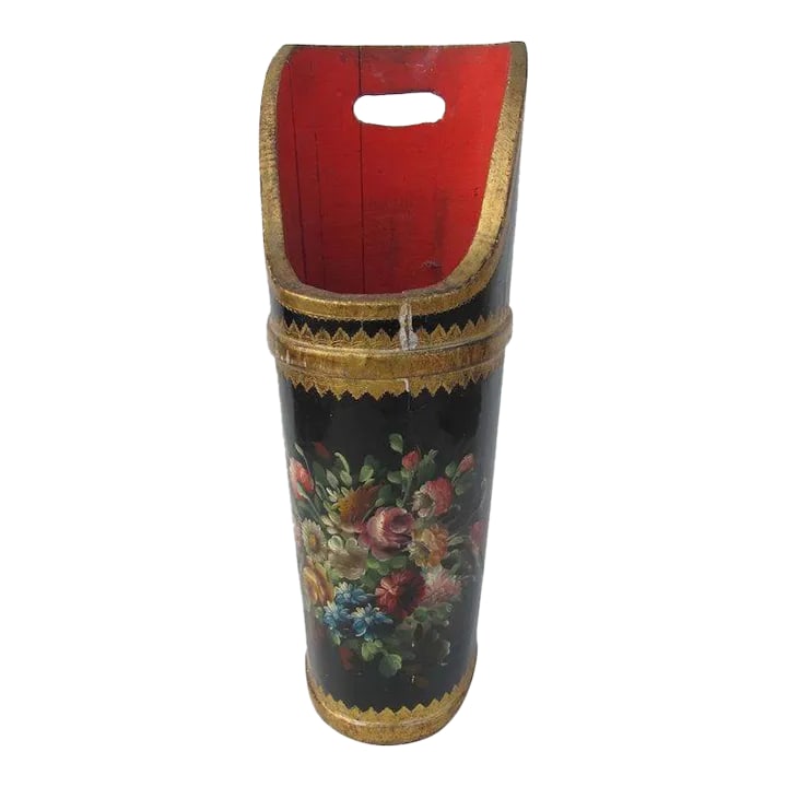 Victorian Wooden Umbrella Stand: Beautifully painted victorian wooden umbrella stand with floral pattern. H: 39" x W: 12.5" x D: 13" Condition: Alterations: Unknown Imperfections: Some Imperfections Condition Notes: Some cracks