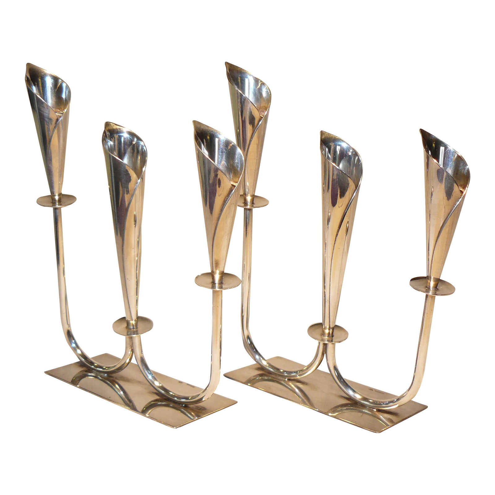 1950s Jens Hansen Calla Lily Triple-Stick Candle Holders From Denmark - a Pair: Mid Century Danish silver plate candlesticks designed by Jens Hansen, marked Denmark with the Dolphin imprint. Includes two, 3-light candlesticks on parallelogram bases. Base of each set is 6" x 2"