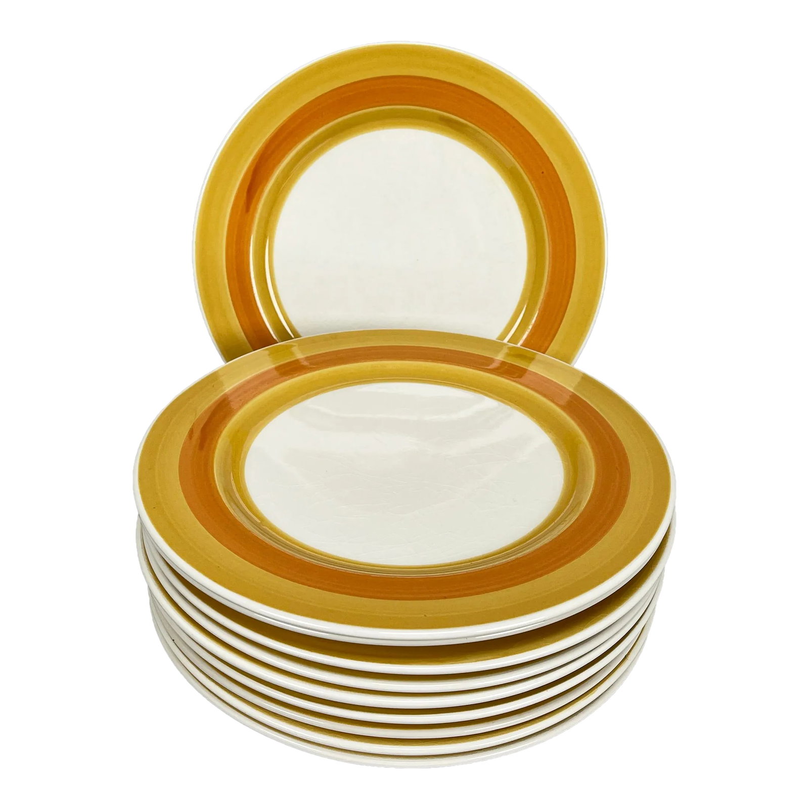 Vintage 1970s Japanese Maruto Royal M Capri Dinner Plates- Set of 10: Beautiful Japanese MCM dinner plates with a vibrant hand-painted orange and yellow underglaze geometric design. Bottom marked "Royal M Capri by Maruto Japan." We have put up a few different listings