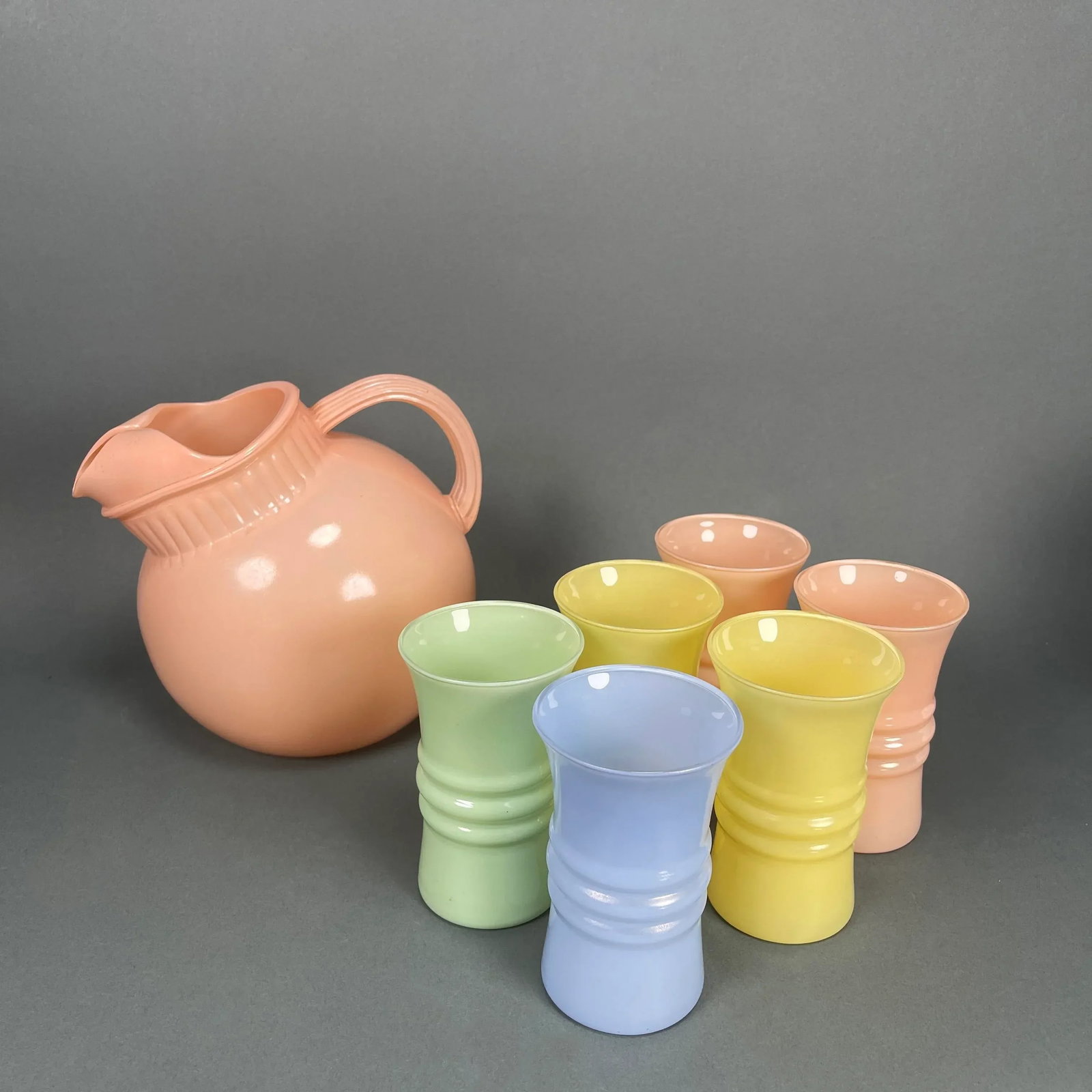 Vintage 1950s Mid-Century Anchor Hocking Ball Tilt Pastel Pitcher & Glasses Set- 7 Pieces - 13