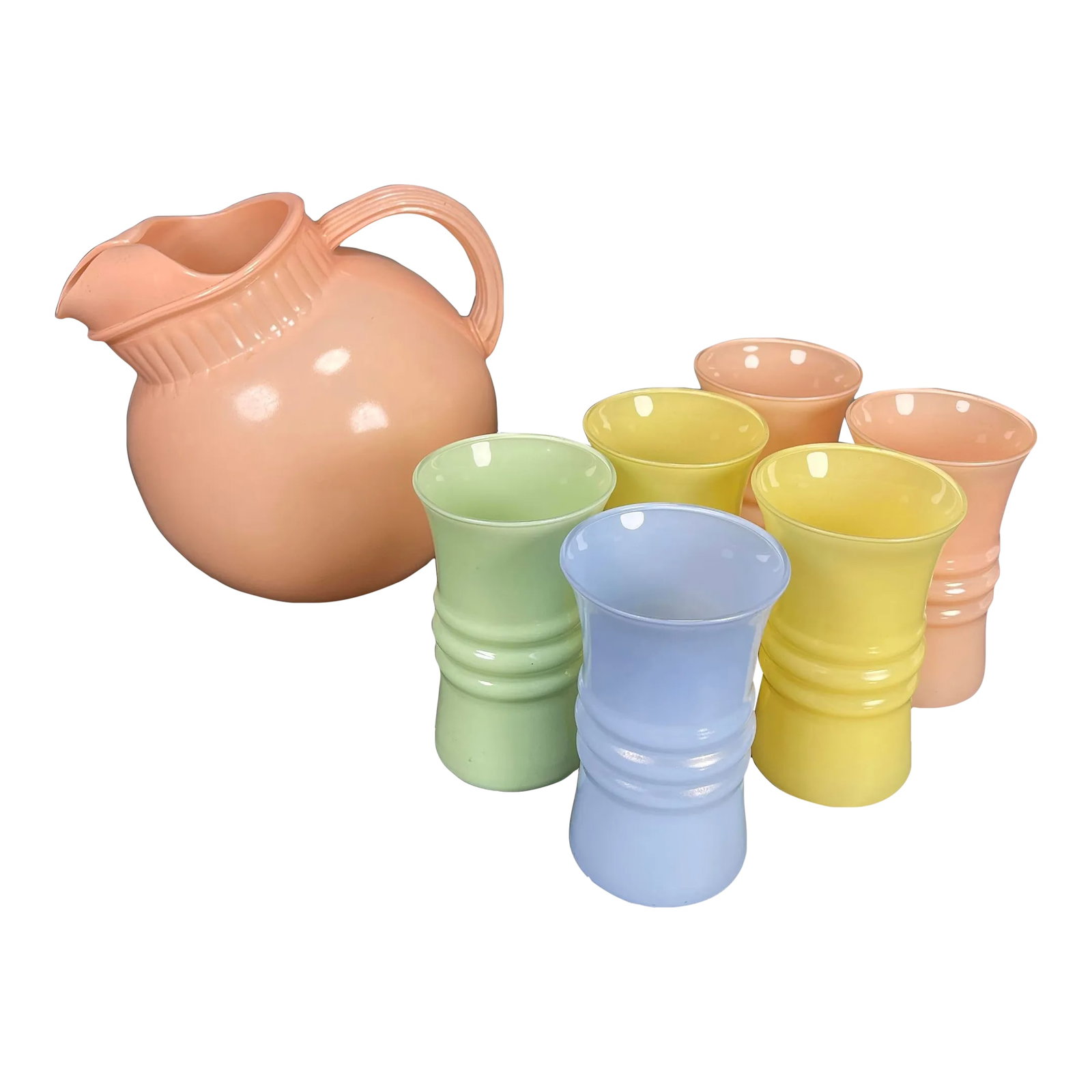 Vintage 1950s Mid-Century Anchor Hocking Ball Tilt Pastel Pitcher & Glasses Set- 7 Pieces: This mixed set is beyond amazing, the colors are beautiful, saturated pastels. Rare to find this set in such pristine condition, the photos captured the true colors well! This set is unmarked,