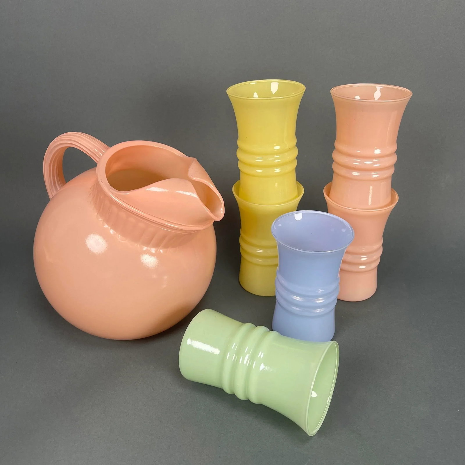 Vintage 1950s Mid-Century Anchor Hocking Ball Tilt Pastel Pitcher & Glasses Set- 7 Pieces - 2