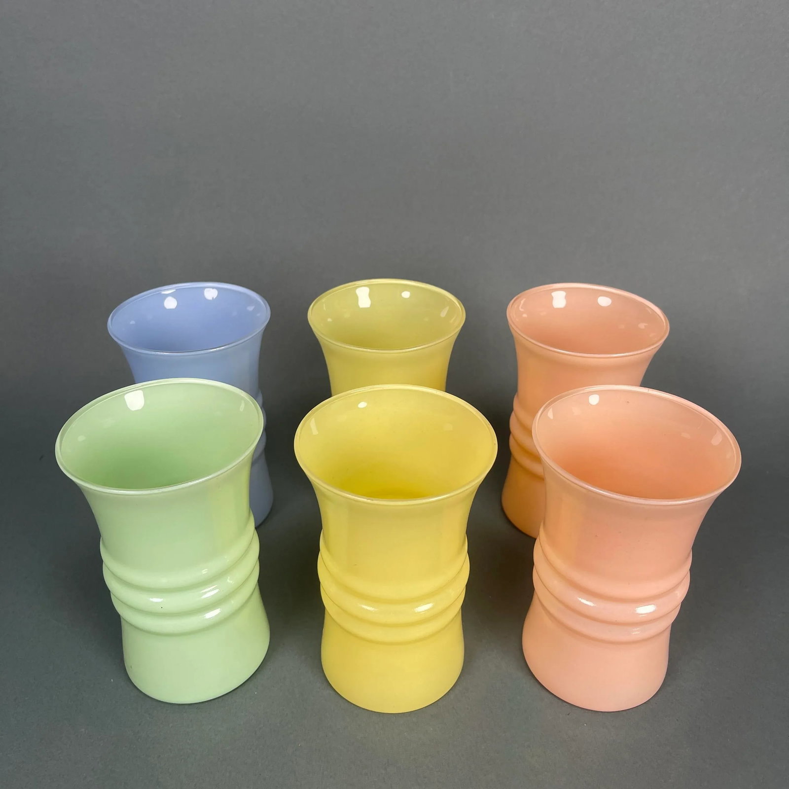 Vintage 1950s Mid-Century Anchor Hocking Ball Tilt Pastel Pitcher & Glasses Set- 7 Pieces - 5