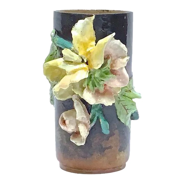 Antique French Barbotine Floral Majolica Vase: Antique French Barbotine majolica vase decorated with blooms and foliage in high relief. Marked "LR" on the underside. Light chips, patina. Condition: Alterations: Original Condition Unaltered