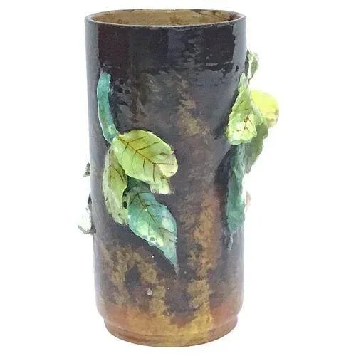 Antique French Barbotine Floral Majolica Vase - 3