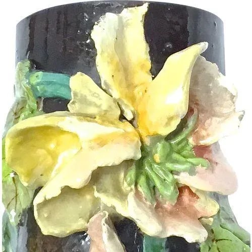 Antique French Barbotine Floral Majolica Vase - 5