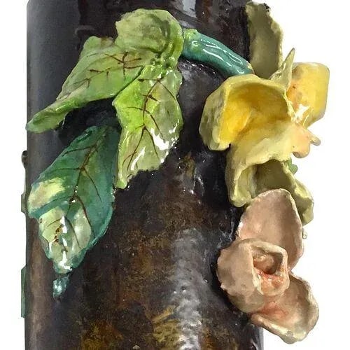 Antique French Barbotine Floral Majolica Vase - 7