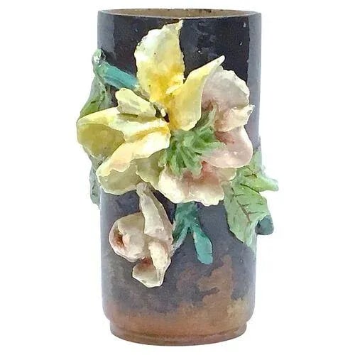 Antique French Barbotine Floral Majolica Vase - 9