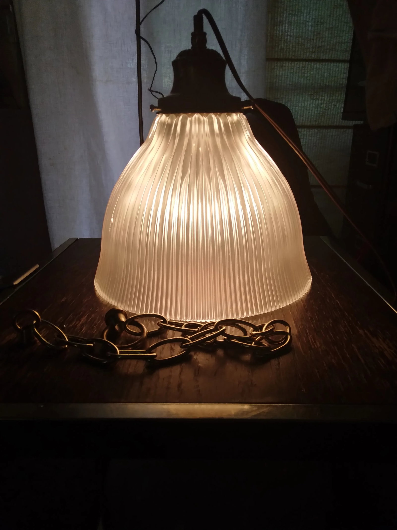 1970s Large Holophane and Brass Pendant Light - 2