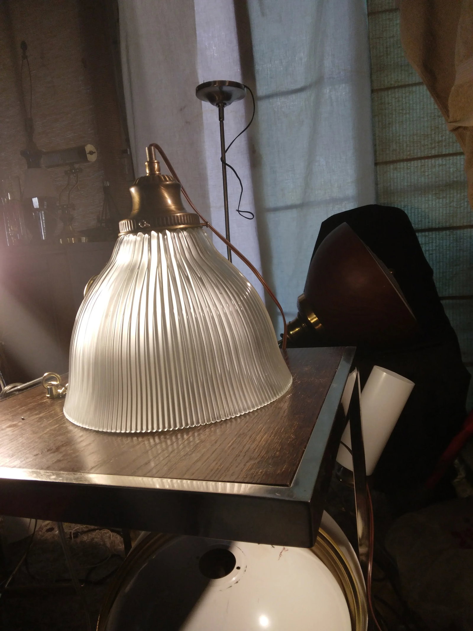 1970s Large Holophane and Brass Pendant Light - 7